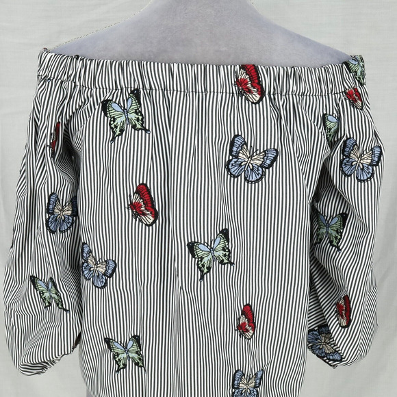 Zara Top Womens XS White Gray Stripe Blouse Embroidered Butterflies Whimsy Boho - Picture 9 of 16